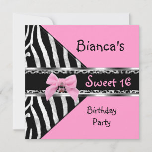 Sweet 16 Roze Silver Black Zebra Leopard Birthday Kaart