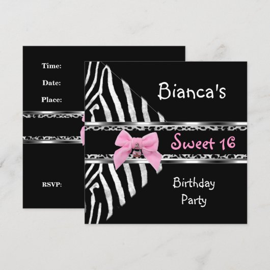 Sweet 16 Roze Silver Black Zebra Leopard Birthday Kaart (Voorkant / Achterkant)