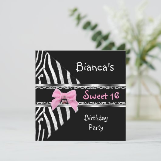 Sweet 16 Roze Silver Black Zebra Leopard Birthday Kaart (Staand voorkant)