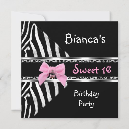 Sweet 16 Roze Silver Black Zebra Leopard Birthday Kaart (Voorkant)