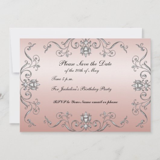 Sweet 16 Roze Silver Elegant Invitation Save The Date (Achterkant)