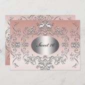 Sweet 16 Roze Silver Elegant Invitation Save The Date (Voorkant / Achterkant)