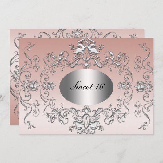 Sweet 16 Roze Silver Elegant Invitation Save The Date (Voorkant / Achterkant)