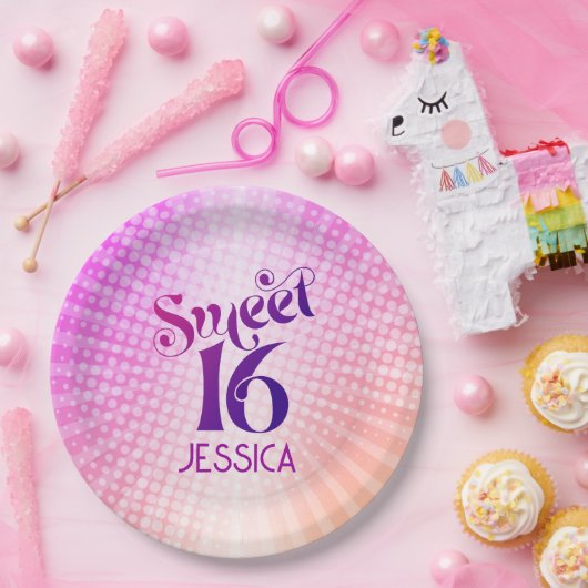 Sweet 16 Roze Sinaasappel Gradient Groovy Retro Bo Papieren Bordje (Feest)