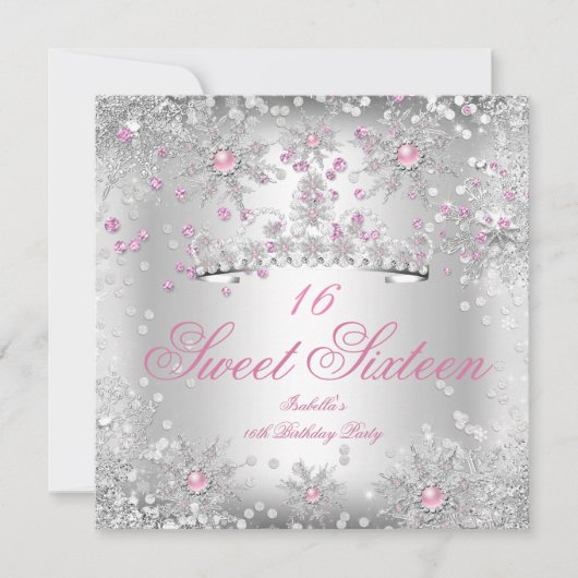 Sweet 16 Roze Snowflakes Silver Winter Wonderland Kaart (Voorkant)