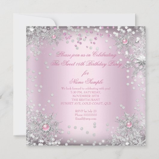 Sweet 16 Roze Snowflakes White Winter Wonderland Kaart (Achterkant)