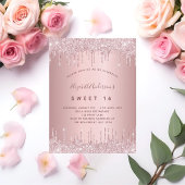 Sweet 16 roze stoffige roos glitter 16e verjaardag uitnodiging briefkaart