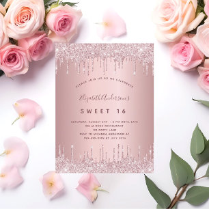 Sweet 16 roze stoffige roos glitter 16e verjaardag uitnodiging briefkaart