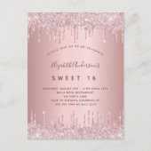 Sweet 16 roze stoffige roos glitter 16e verjaardag uitnodiging briefkaart (Voorkant)