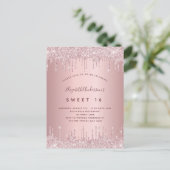 Sweet 16 roze stoffige roos glitter 16e verjaardag uitnodiging briefkaart (Staand voorkant)