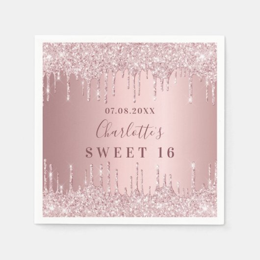 Sweet 16 roze stoffige roos glitter naam servet (Voorkant)