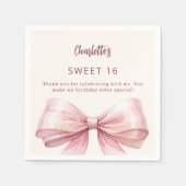 Sweet 16 roze strik crème bedankt servet (Voorkant)
