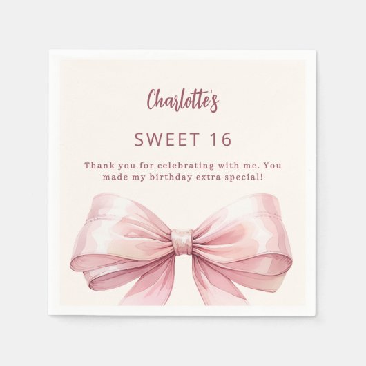 Sweet 16 roze strik crème bedankt servet (Voorkant)