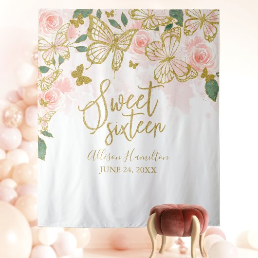 Sweet 16 Roze Vlinders Bloemstuk Achtergrond Wandkleed