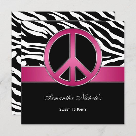 Sweet 16 Roze Vredesbord Black Zebra Kaart (Voorkant / Achterkant)