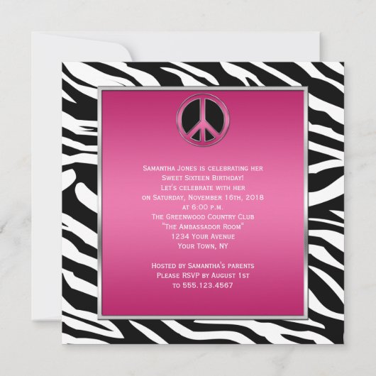 Sweet 16 Roze Vredesbord Black Zebra Kaart (Achterkant)