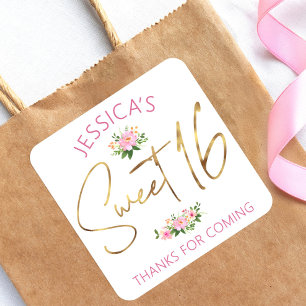 Sweet 16 Roze Waterverf Bloemen Gouden Schrift Vierkante Sticker