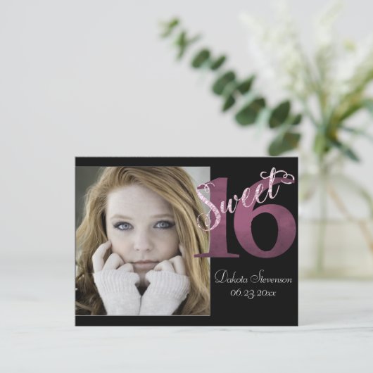 Sweet 16 | Roze Waterverf en Faux Glitter Party Briefkaart (Staand voorkant)