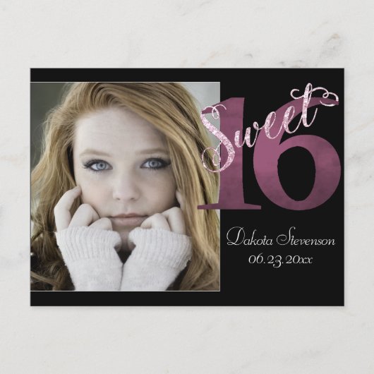 Sweet 16 | Roze Waterverf en Faux Glitter Party Briefkaart (Voorkant)