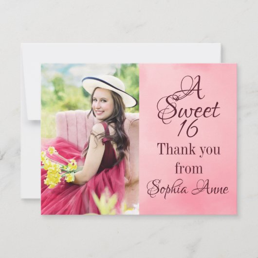 Sweet 16 Roze Waterverf Foto Bedankt (Voorkant)