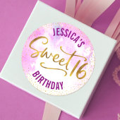 Sweet 16 Roze Waterverf Gouden Glam Script Verjaar Ronde Sticker