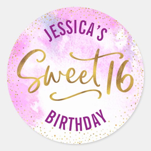 Sweet 16 Roze Waterverf Gouden Glam Script Verjaar Ronde Sticker (Voorkant)