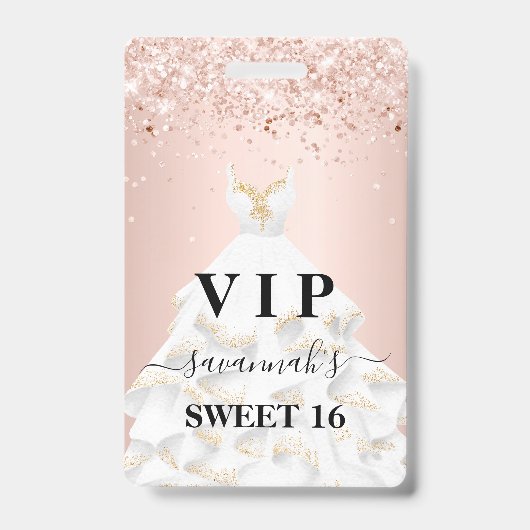 Sweet 16 roze witte jurk naam vip badge (Voorzijde)