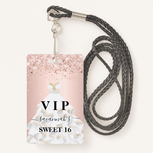 Sweet 16 roze witte jurk naam vip badge (Voorkant met draagriem)