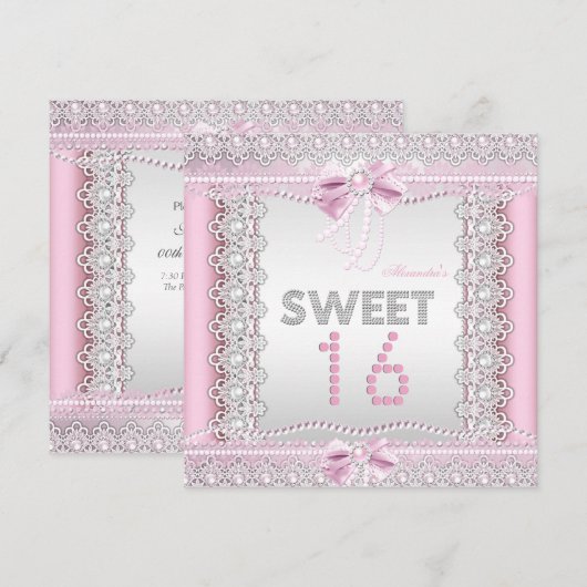 Sweet 16  roze witte parelhoenders kaart (Voorkant / Achterkant)