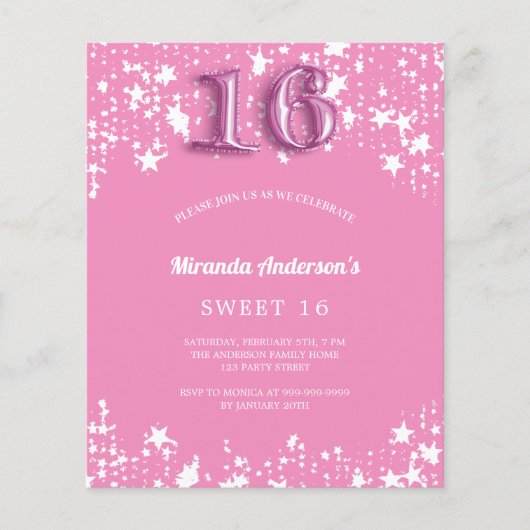 Sweet 16 roze witte sterren budget uitnodiging (Voorkant)