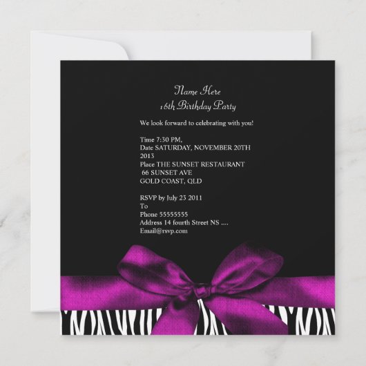 Sweet 16 Roze Zebra Black White Diamonds Kaart (Achterkant)