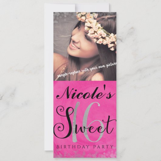 Sweet 16 Roze Zilver & Zwart Fotouitnodiging Kaart (Voorkant)