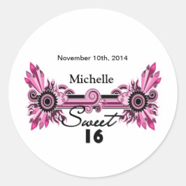 Sweet 16 Roze Zwart Rollen & Swirls Naam Datum Ronde Sticker