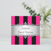 Sweet 16 Roze Zwarte Stripes Silver Jewel Party Kaart (Staand voorkant)