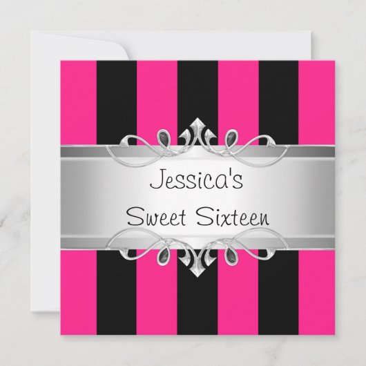 Sweet 16 Roze Zwarte Stripes Silver Jewel Party Kaart (Voorkant)