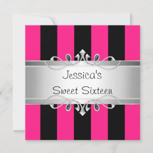 Sweet 16 Roze Zwarte Stripes Silver Jewel Party Kaart