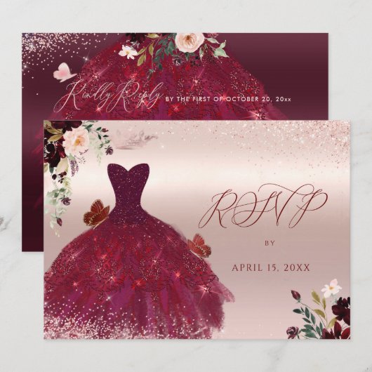 Sweet 16 RSVP Roze Bourgondië Waterverf Bloemen Kaart (Voorkant / Achterkant)