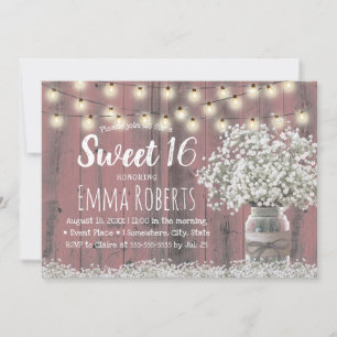 Sweet 16 Rustic Babys Breath Floral Jar Pink Wood Kaart