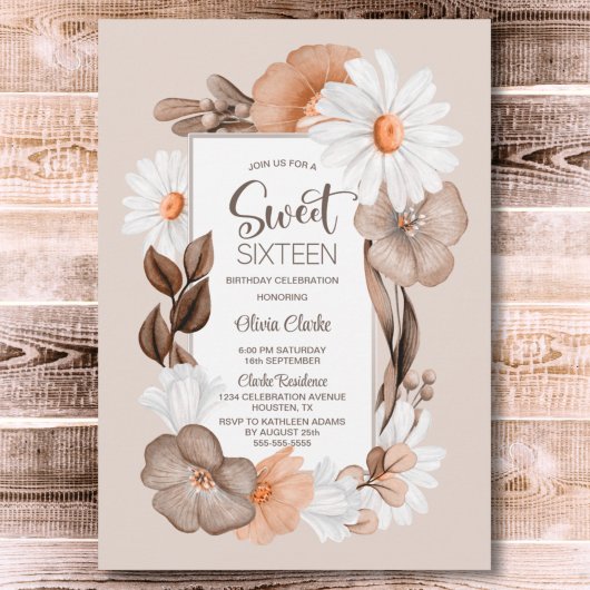 Sweet 16 Rustic Boho Floral Birthday Party Kaart