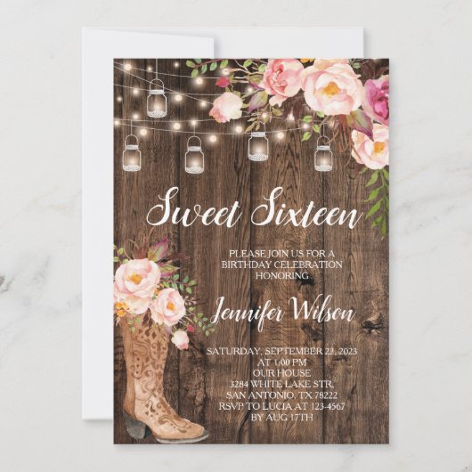 Sweet 16 Rustic Boho Floral String Lights Kaart (Voorkant)