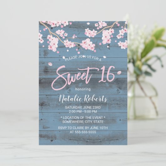 Sweet 16 Rustic Cherry Blossom Flowers Dusty Blue Kaart (Staand voorkant)