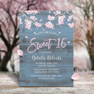Sweet 16 Rustic Cherry Blossom Flowers Dusty Blue Kaart