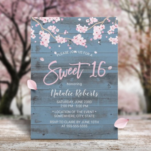 Sweet 16 Rustic Cherry Blossom Flowers Dusty Blue Kaart