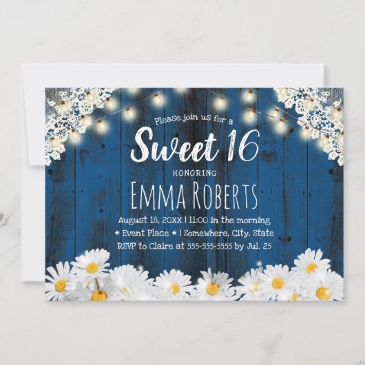 Sweet 16 Rustic Daisy Flowers String Lights Navy Kaart (Voorkant)