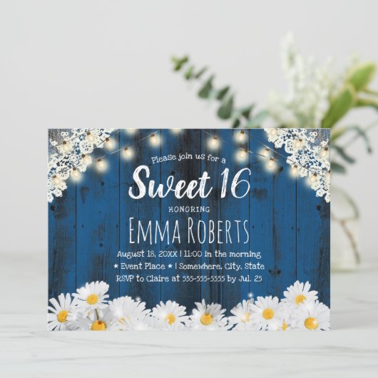 Sweet 16 Rustic Daisy Flowers String Lights Navy Kaart (Staand voorkant)