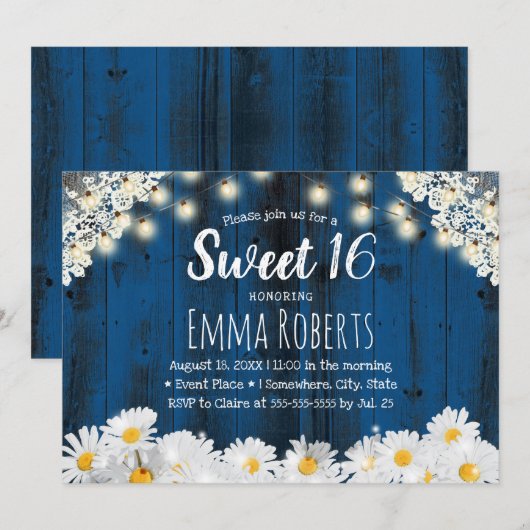 Sweet 16 Rustic Daisy Flowers String Lights Navy Kaart (Voorkant / Achterkant)