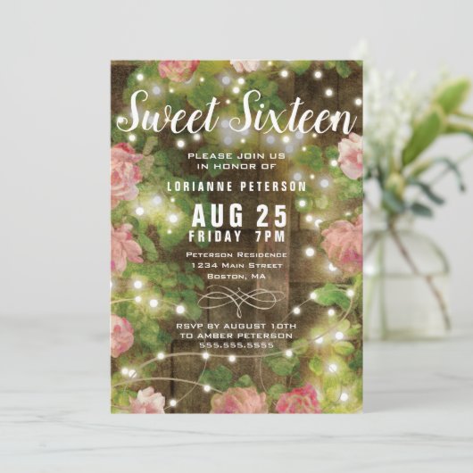 Sweet 16 Rustic Floral String Light Birthday Party Kaart (Staand voorkant)