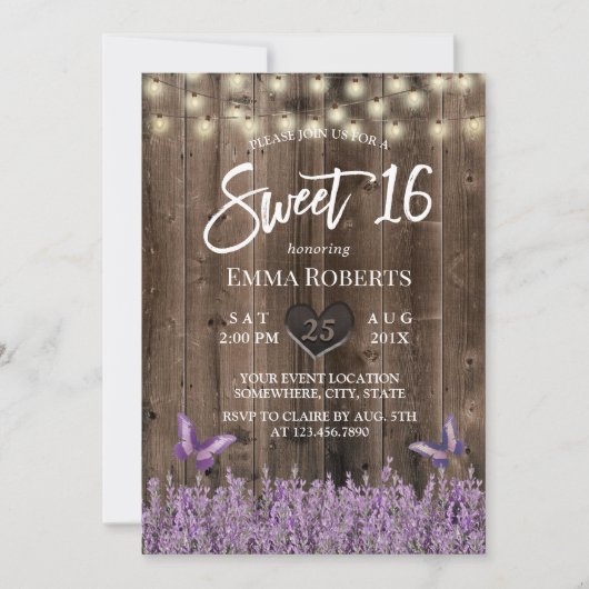 Sweet 16 Rustic Lavender Floral Classy Wood Kaart (Voorkant)