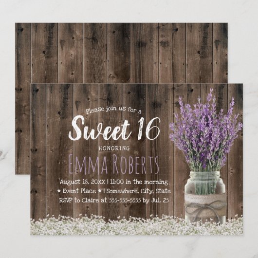 Sweet 16 Rustic Lavender Floral Jar Elegant Wood Kaart (Voorkant / Achterkant)