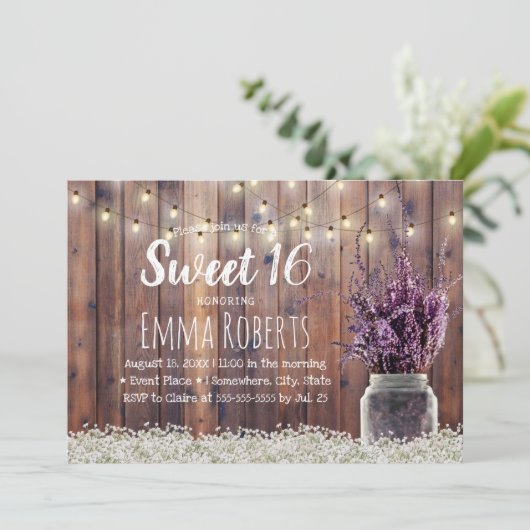 Sweet 16 Rustic Lavender Floral Jar String Lights Kaart (Staand voorkant)